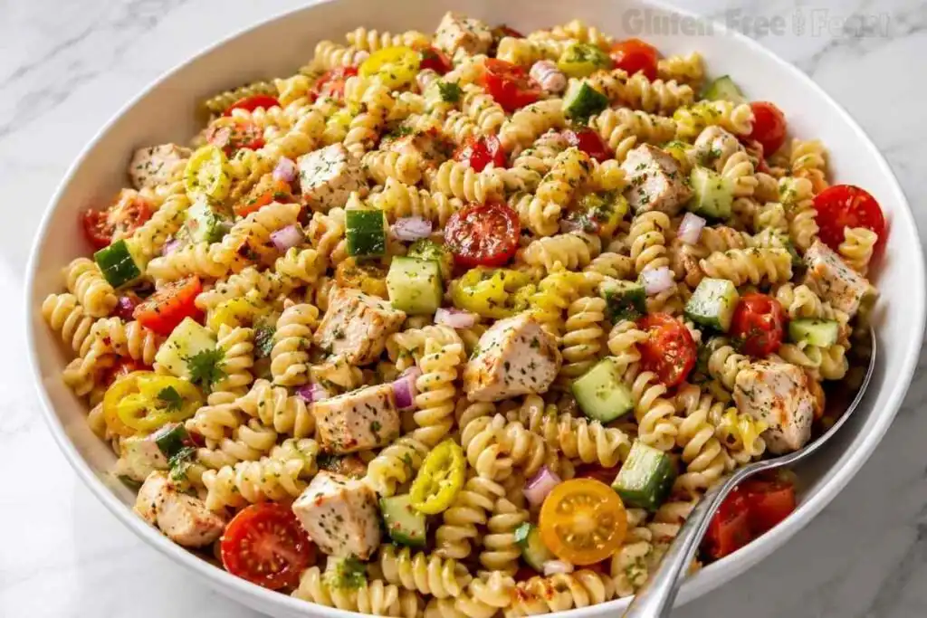 Large bowl of finished gluten-free pasta salad with chicken and vegetables