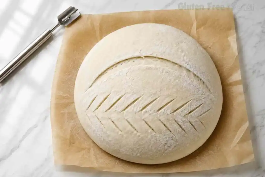Gluten free sourdough boule scored with a curved slash and decorative pattern.
