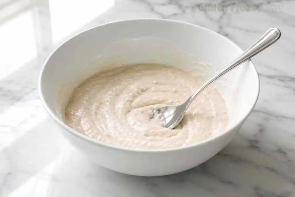 Freshly mixed gluten free sourdough starter batter in a white mixing bowl with a spoon.