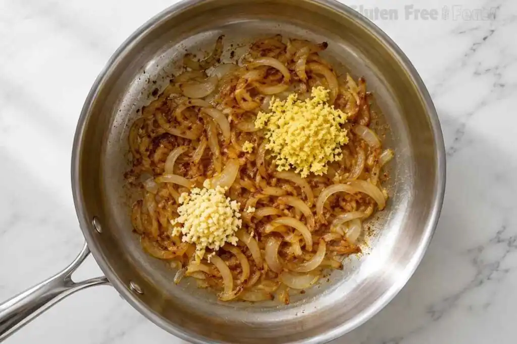 Minced garlic and ginger added to softened onions in a stainless-steel skillet
