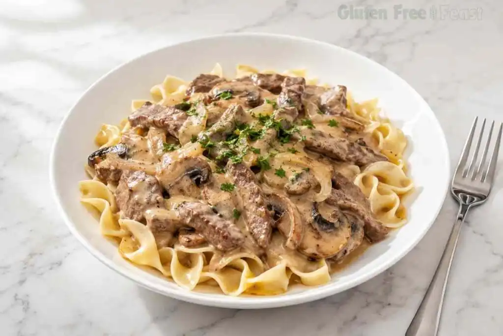 Plated Gluten Free Beef Stroganoff served over gluten-free egg noodles with parsley garnish.