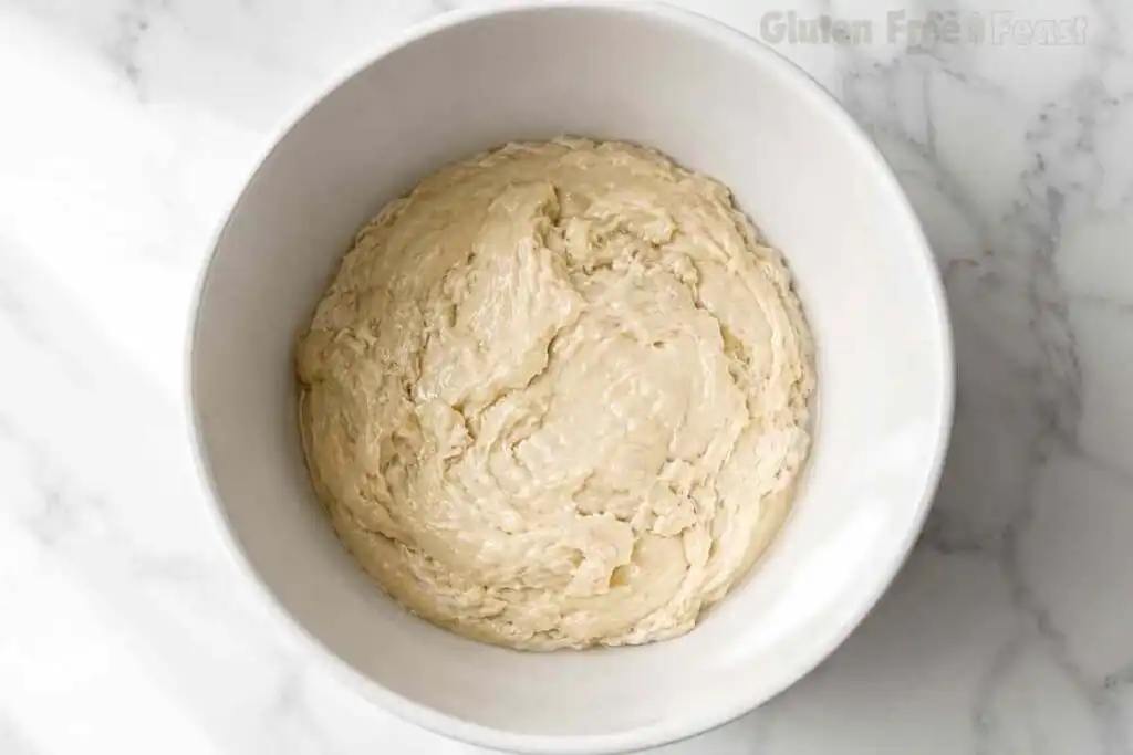 Freshly mixed gluten free bread dough in a white mixing bowl.