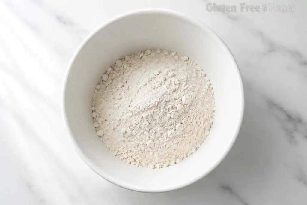 Gluten free flour mixture in a white ceramic mixing bowl before adding wet ingredients.