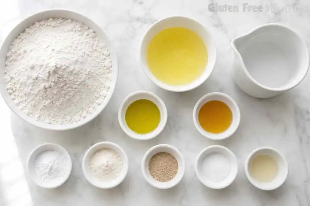 Measured gluten free bread ingredients arranged in white bowls on a marble countertop.