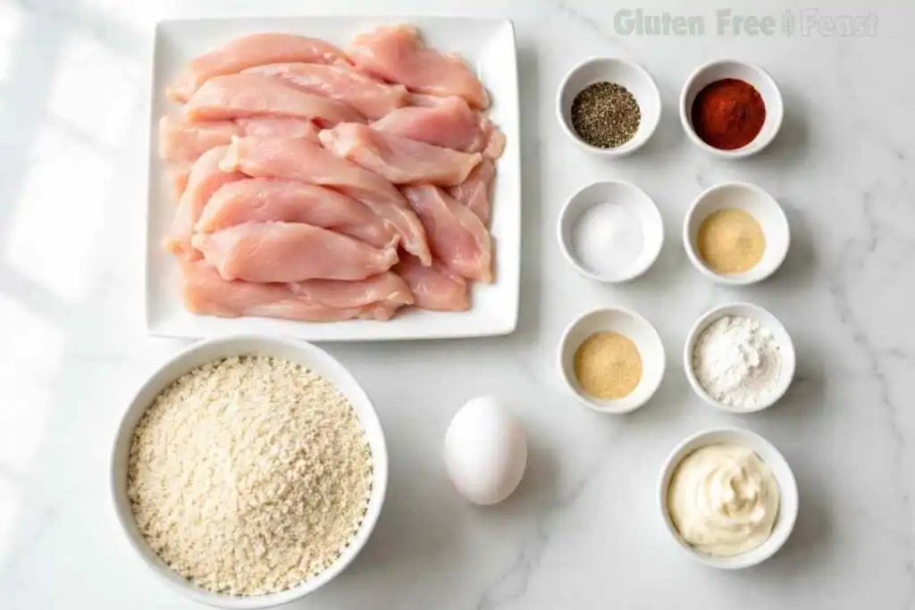 Ingredients for gluten-free baked chicken tenders including chicken strips, gluten-free panko, egg, mayonnaise, flour, and seasonings.