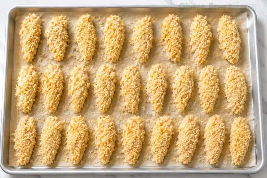 Breaded gluten-free chicken tenders arranged on a parchment-lined baking sheet before baking.