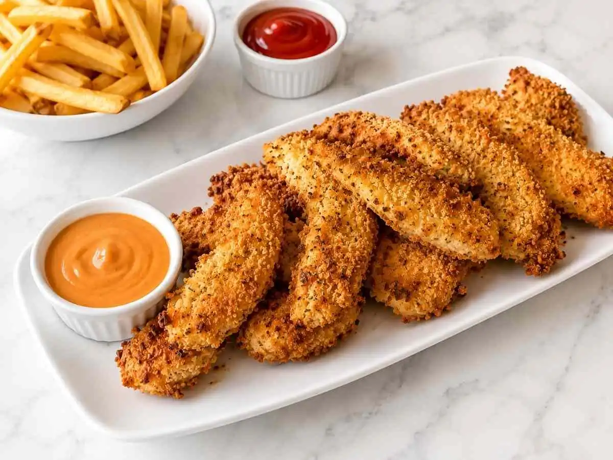 Homemade gluten-free chicken tenders on a white platter with dipping sauces and fries.