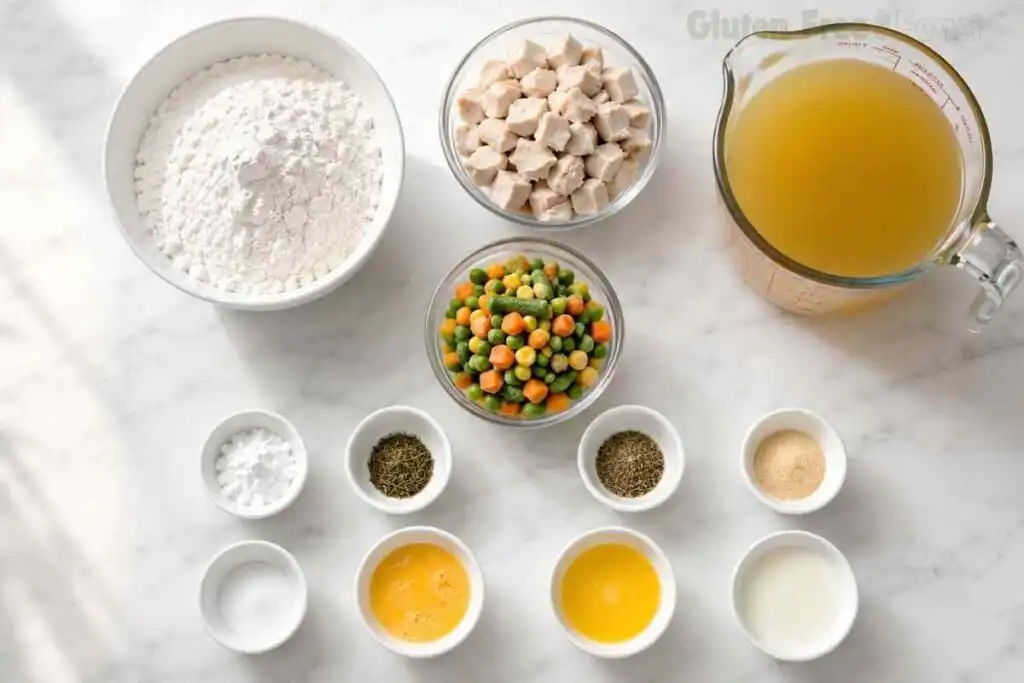Ingredients for gluten free chicken and dumplings arranged on a white marble countertop