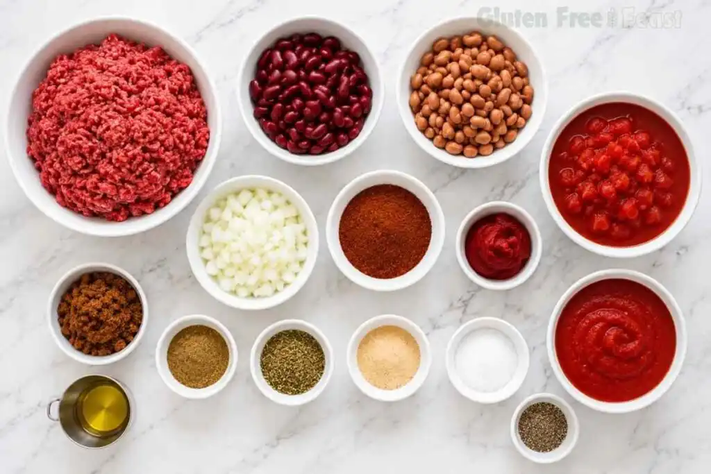 Overhead view of gluten free chili ingredients including ground beef, beans, tomatoes, spices, onion, and olive oil.