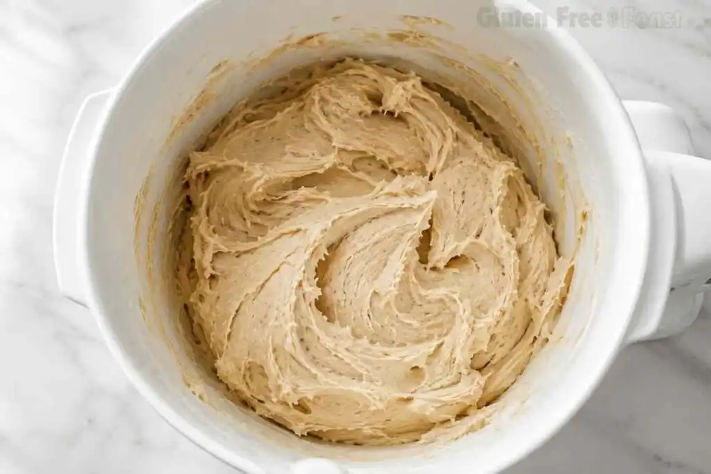 Mixed gluten free cinnamon roll dough in a white bowl