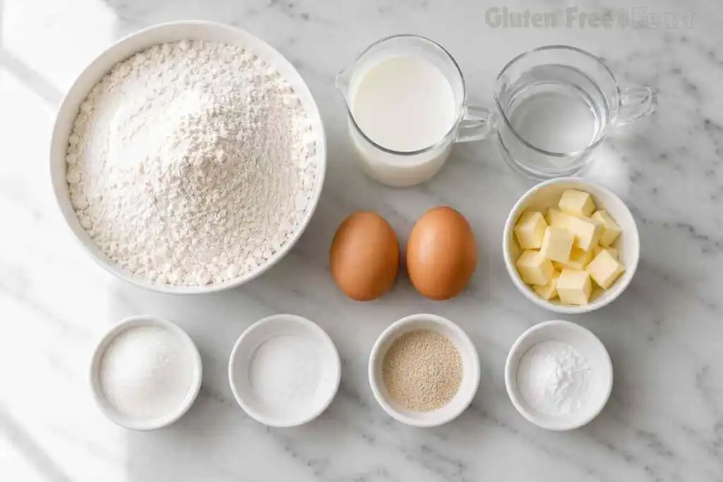 Ingredients for gluten free cinnamon roll dough on marble counter