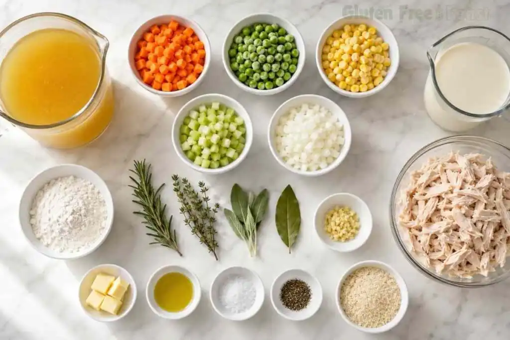Ingredients for gluten free crustless chicken pot pie arranged on a white marble countertop