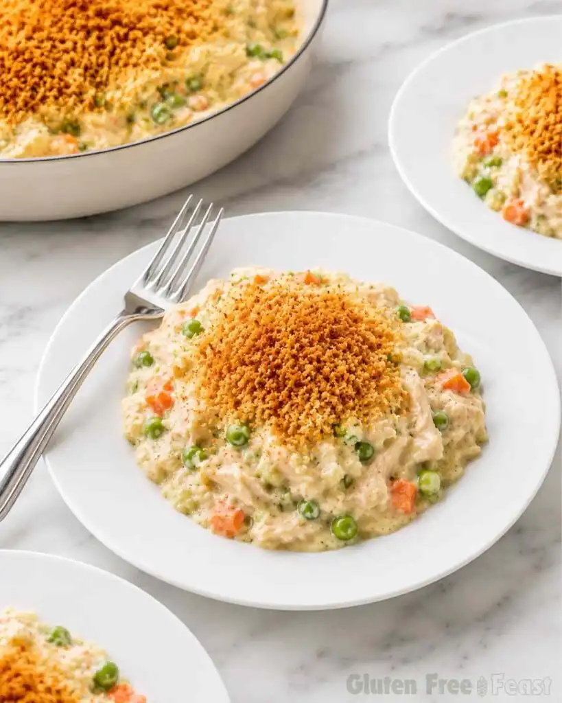 Creamy gluten free crustless chicken pot pie plated with toasted gluten-free breadcrumbs