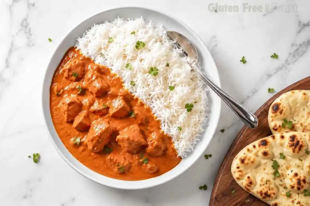 Overhead view of dairy-free butter chicken served with basmati rice and gluten-free naan