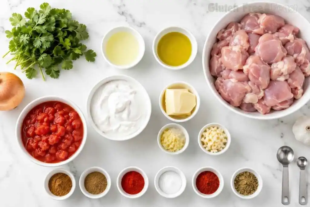 Ingredients for gluten-free dairy-free butter chicken arranged on a marble countertop