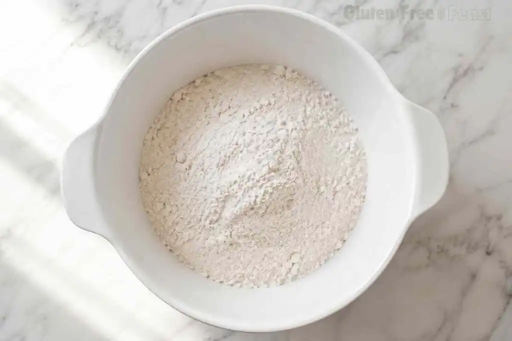 Gluten free flour mixture in a white mixing bowl