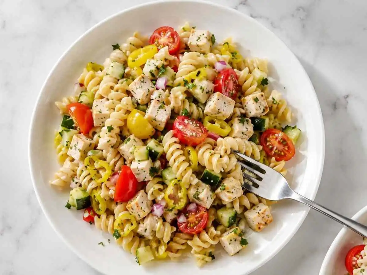 Single serving of gluten-free pasta salad with a fork on a white plate