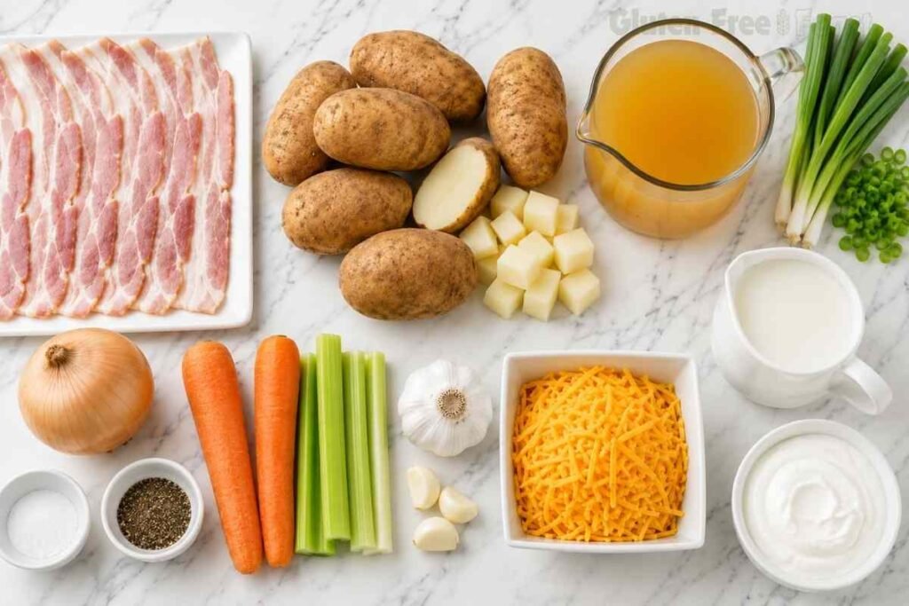 Ingredients for gluten free potato soup including potatoes, bacon, broth, cheese, vegetables, and sour cream
