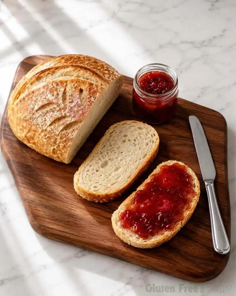 Finished Dutch oven gluten free sourdough bread served on a wooden board with jam and sliced bread.
