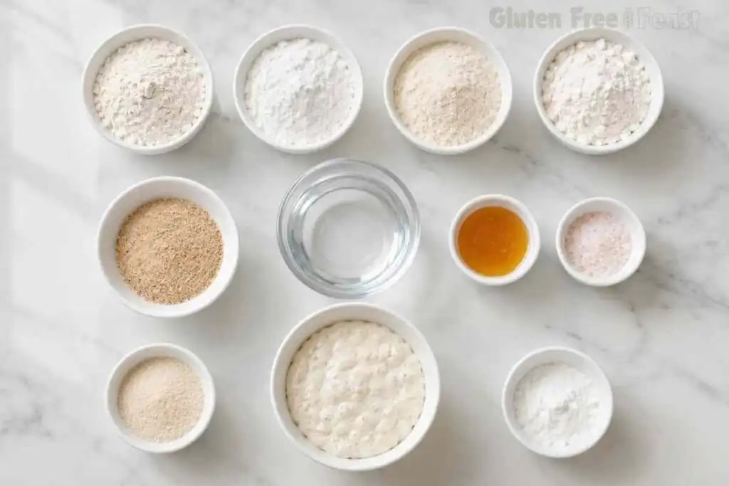 Gluten free sourdough bread ingredients arranged in bowls on a white marble countertop.