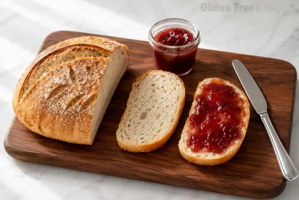 Gluten free sourdough loaf with slices, jam jar, and butter knife on a wooden board.