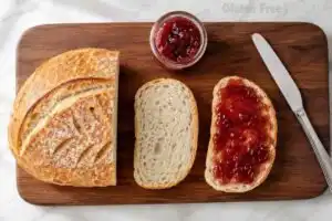 Gluten free sourdough bread loaf with sliced bread, red jam, and butter knife on a wooden board.