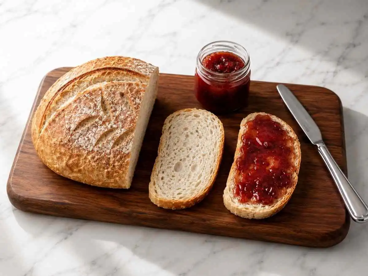 Celiac-safe gluten free sourdough bread served sliced with red jam and butter knife.