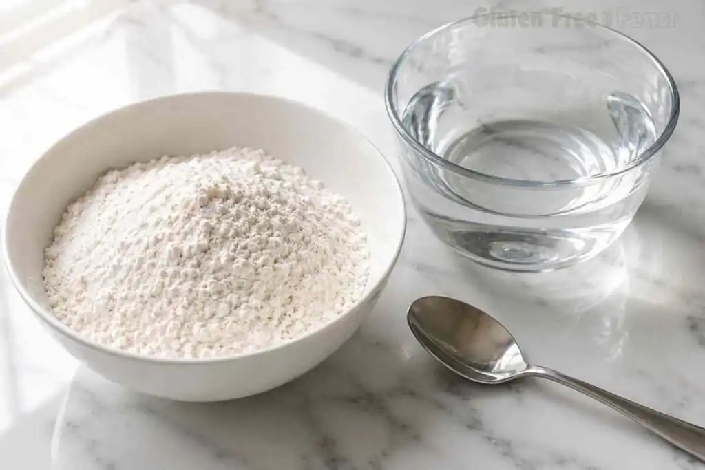 Certified gluten free flour, filtered water, and a spoon arranged on a white marble countertop.