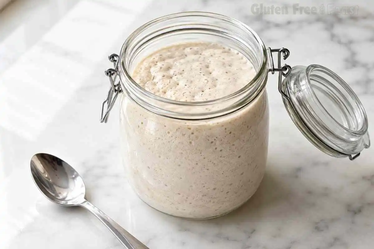Mature gluten free sourdough starter in a clear glass jar with bubbly active fermentation on a white marble countertop.