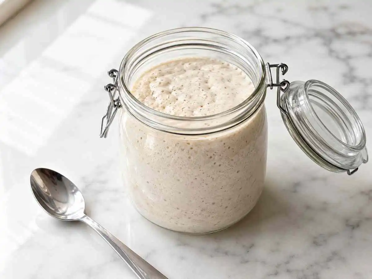 Mature gluten free sourdough starter in a clear clamp-top jar beside a stainless steel spoon.