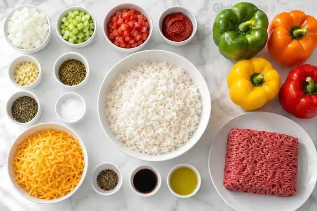 Ingredients for gluten-free stuffed peppers including bell peppers, ground beef, cooked rice, cheddar cheese, tomatoes, onions, celery, garlic, herbs, and seasonings.