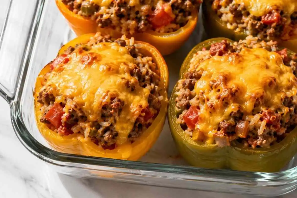 Gluten Free Stuffed Peppers with Ground Beef, Rice & Cheddar