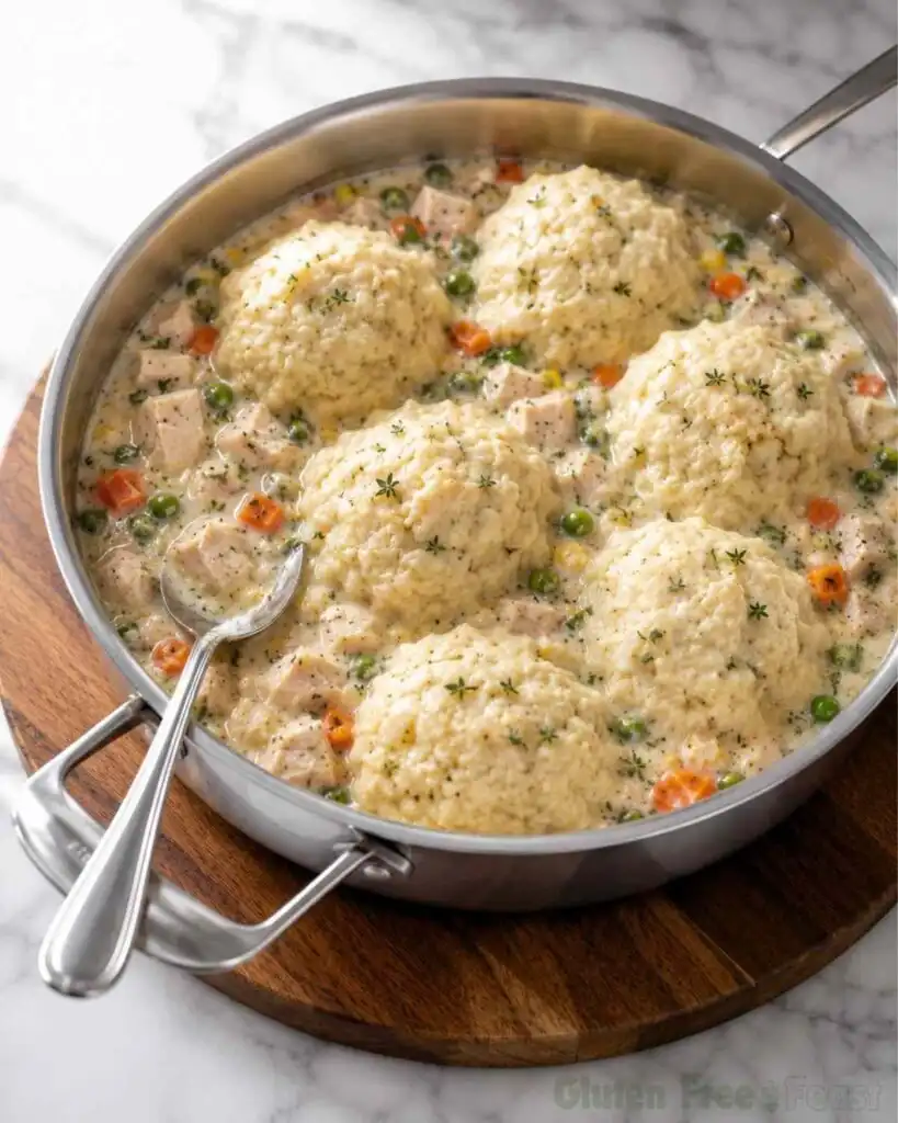 Gluten free chicken and dumplings served in a stainless steel saucepan with fresh thyme