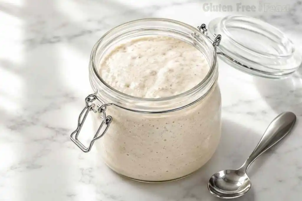 Glass jar filled with mature gluten free sourdough starter on a bright white marble countertop.