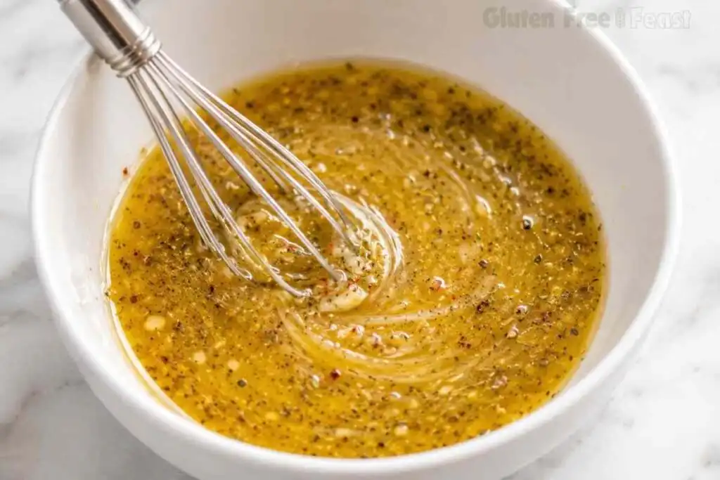 Homemade vinaigrette with herbs being whisked in a white bowl