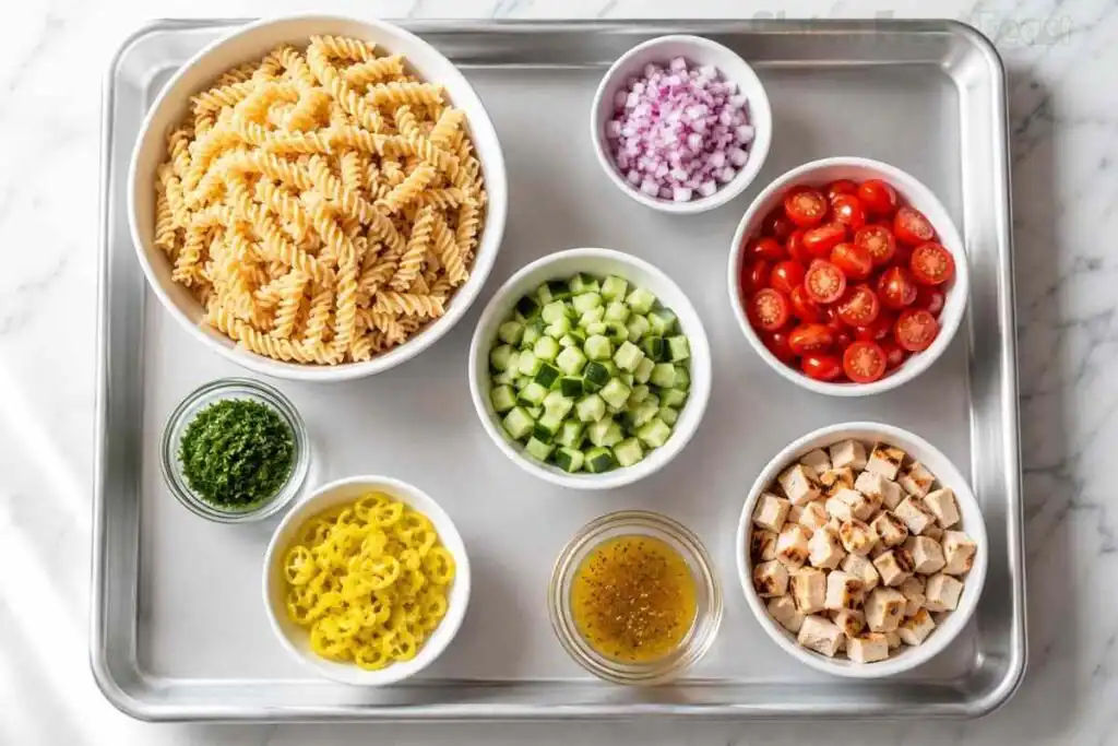 Gluten-free pasta salad ingredients arranged on a baking sheet with pasta, vegetables, chicken, and dressing