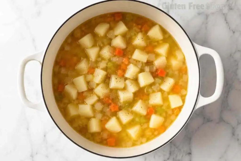 Russet potatoes simmering in chicken broth with vegetables