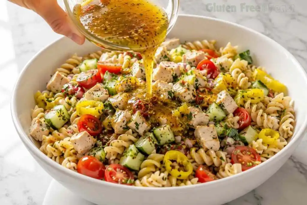 Italian vinaigrette being poured over gluten-free pasta salad ingredients