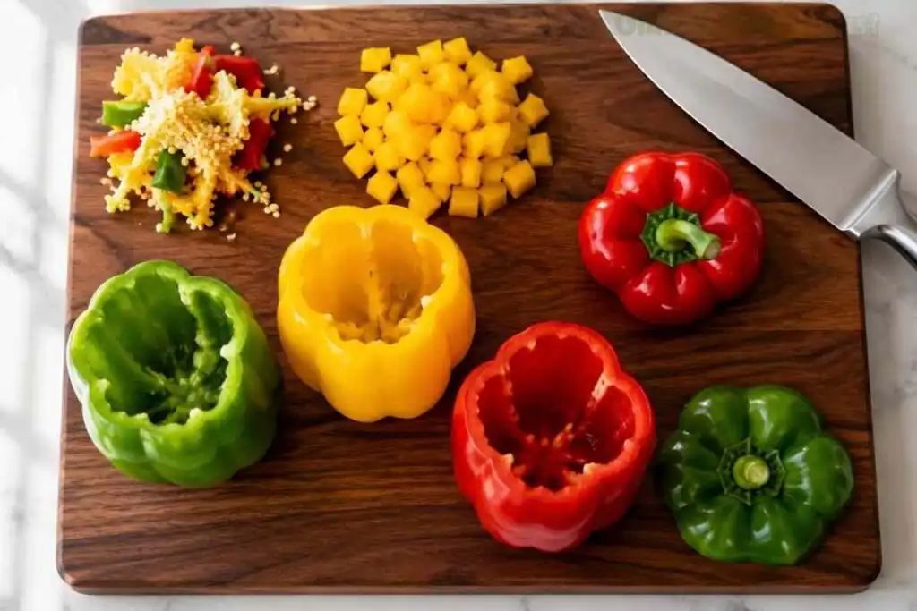 Bell peppers with tops removed and seeds discarded on a cutting board, ready for stuffing.