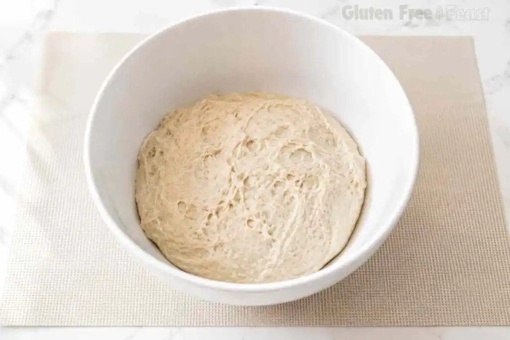 Gluten free sourdough dough resting in a white mixing bowl before proofing.