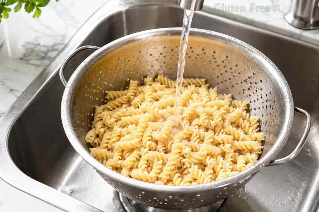 Cooked gluten-free rotini pasta draining in a colander under running water