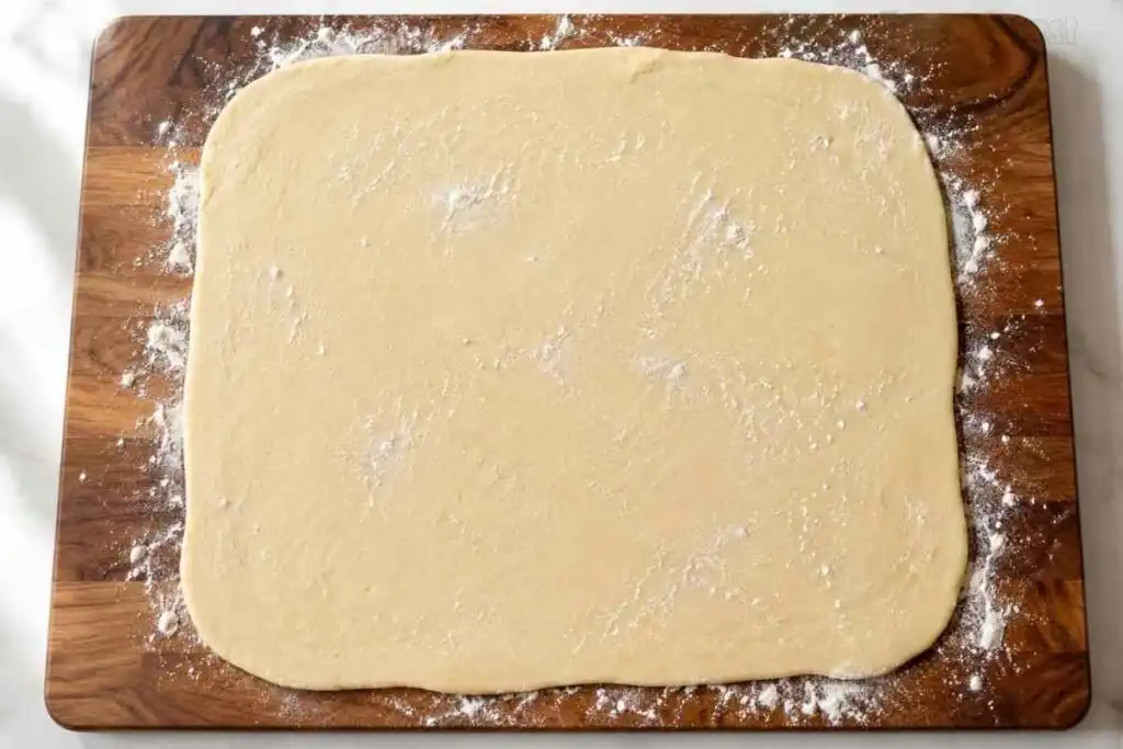 Rolled gluten free cinnamon roll dough on a wooden board