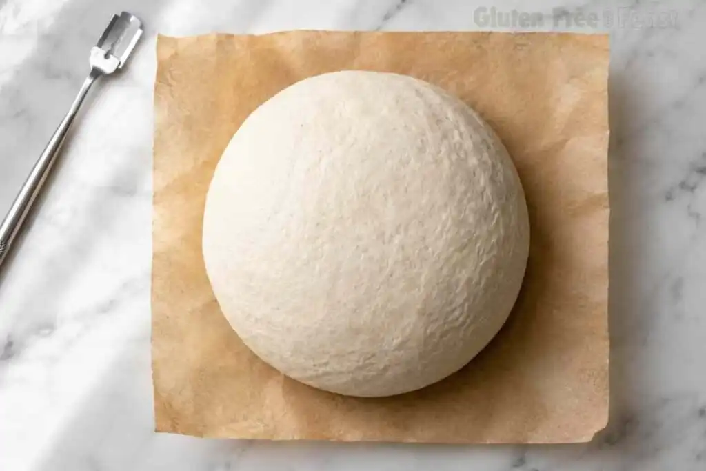 Smooth gluten free sourdough boule on parchment paper with bread lame nearby.