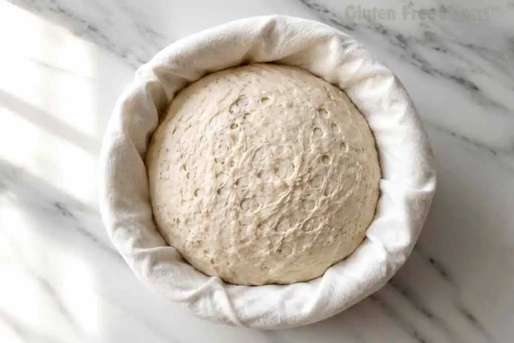 Round gluten free sourdough dough proofing in a cloth-lined basket.