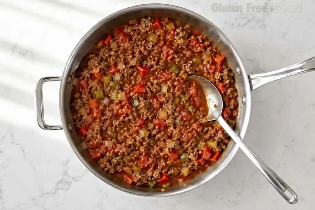 Stuffed pepper filling simmering with tomatoes, herbs, and seasonings in a skillet.