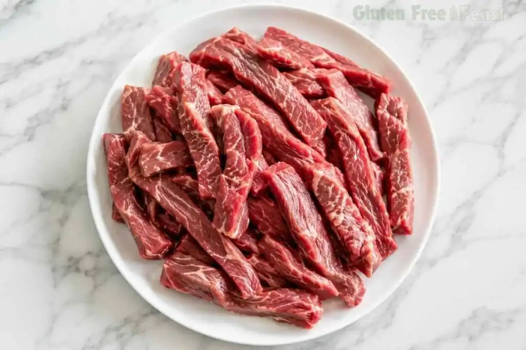 Thinly sliced beef prepared for making Gluten Free Beef Stroganoff.