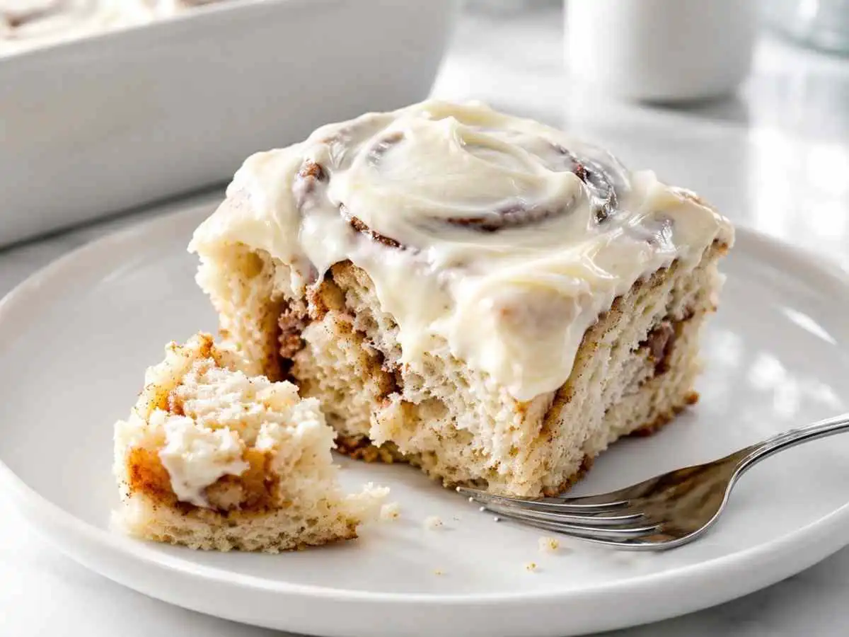 Sliced frosted gluten free cinnamon roll with soft interior