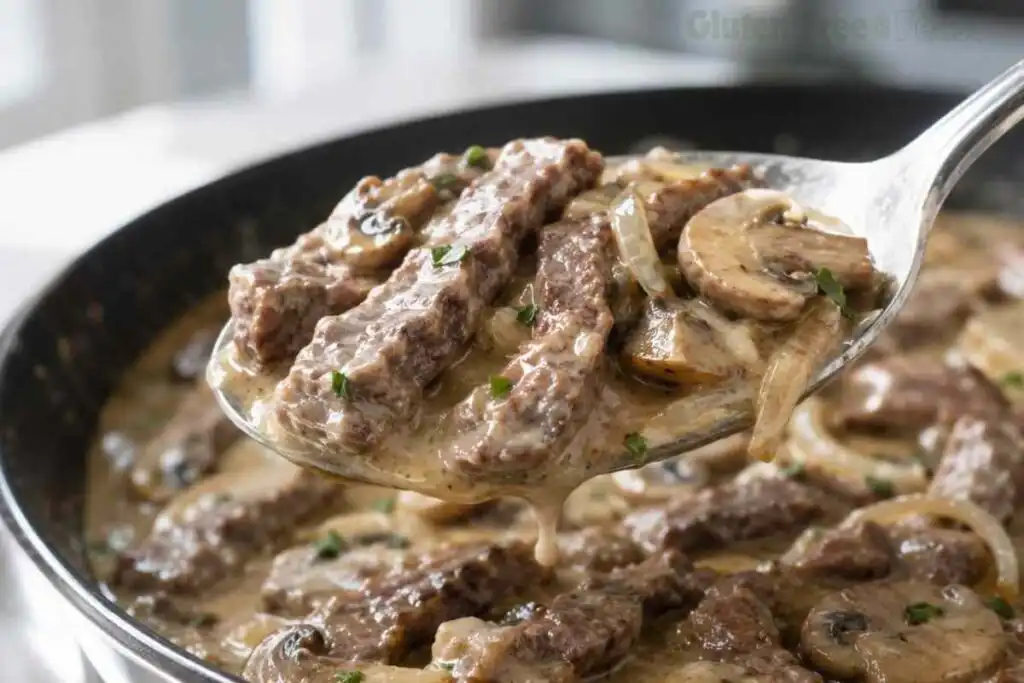 Spoon lifting creamy Gluten Free Beef Stroganoff with tender beef strips, mushrooms, and rich gluten-free sauce.