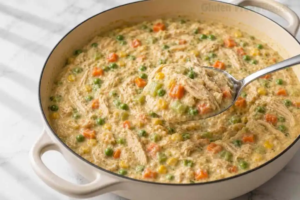 Spoon lifting creamy gluten free crustless chicken pot pie filling from a skillet