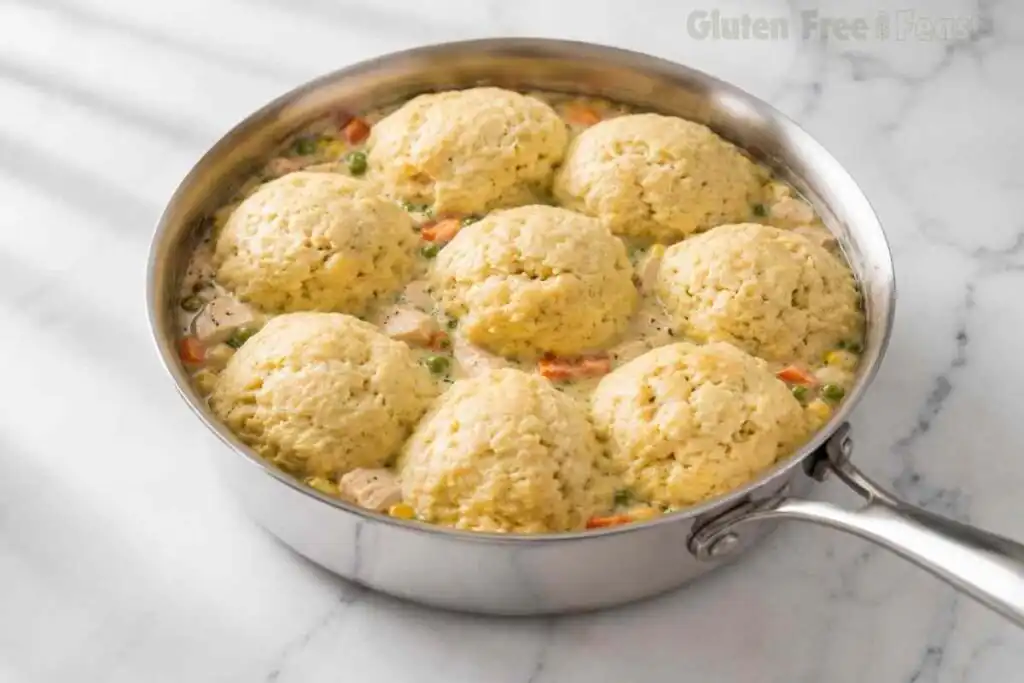Fluffy gluten free dumplings fully cooked on creamy chicken stew